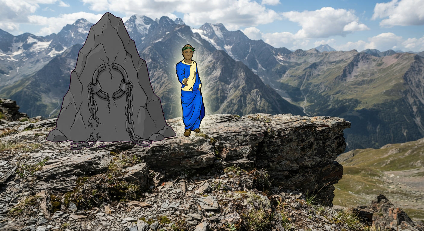 An image of a rocky outcropping somewhere in the Caucasus mountains. There is a large rock with broken chains on the ledge. A bald man, with tan skin, and a blue toga has his hand outstretched towards you. He has a slight glow around him.