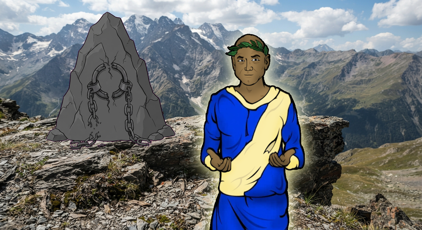 An image of a rocky outcropping somewhere in the Caucasus mountains. There is a large rock with broken chains on the ledge. A bald man, with tan skin, and a blue toga stands in the foreground with a questioning look on his face. He has a slight glow around him.