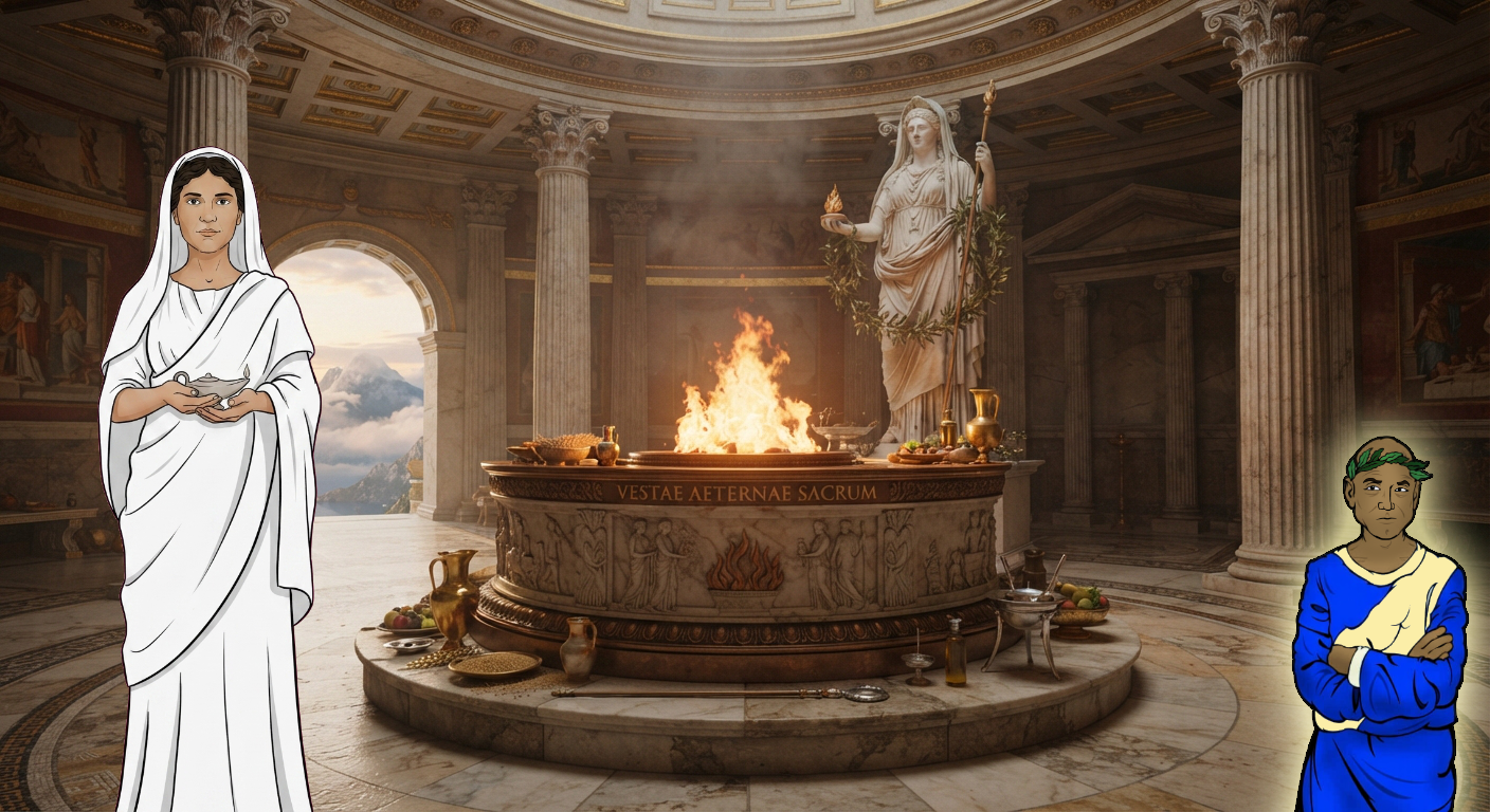 Vesta, in white robes, holds a small bronze lamp at the left of a domed Roman temple. At the center, flames rise from a round altar inscribed VESTAE AETERNAE SACRUM, ringed with offerings of grain, fruit, and bronze pitchers. A marble statue of the goddess stands behind it, draped in laurel. At the right, Quintus in a blue and gold toga and laurel wreath stands with arms crossed.