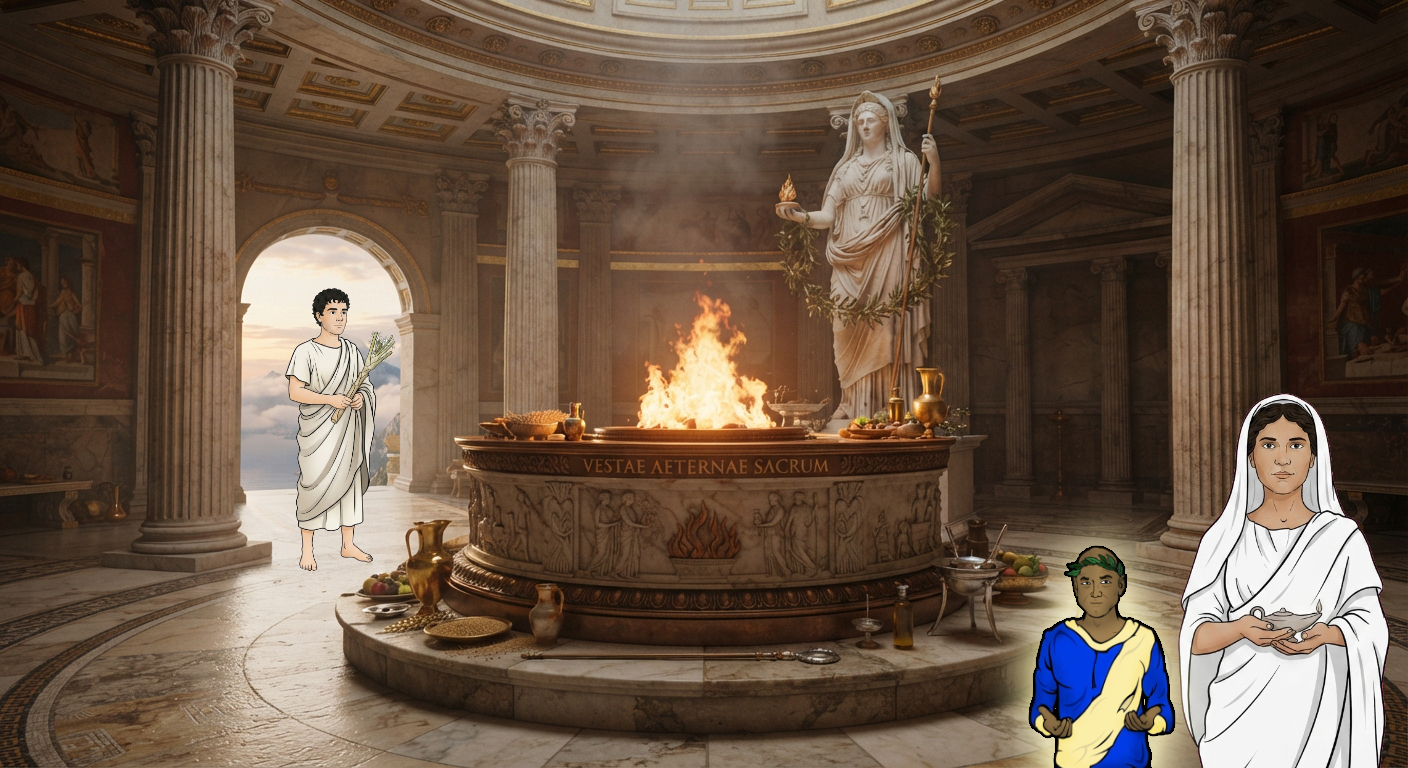 The same domed Roman temple. In the arched doorway at the left stands a young Prometheus in a plain white tunic, holding a bundle of dry fennel stalks. Flames rise from the round altar at the center, ringed with offerings. A marble statue of Vesta draped in laurel stands behind it. At the right, Quintus in a blue and gold toga and laurel wreath stands beside Vesta, who holds a small bronze lamp.