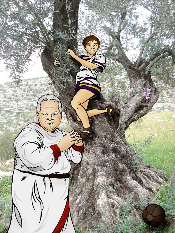 A heavyset, grey-haired man in a white tunic with red trim stands at the foot of an old olive tree, rubbing his hands together. Above him, a frightened boy in a white tunic with purple trim clings to the trunk. A leather ball lies in the grass.