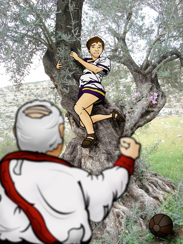 Seen from behind, Marcus shakes his fist up at Tiberius, who clings to the trunk of the olive tree in a white tunic with purple trim. A leather ball lies in the grass at the foot of the tree.