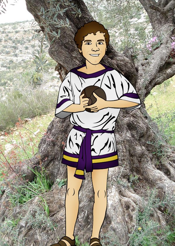 Tiberius, a smiling boy with curly brown hair in a white tunic with purple and gold trim, stands in front of the olive tree holding his leather ball.