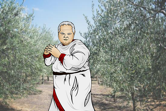 An old man stands in the road near olive trees. He looks evil.