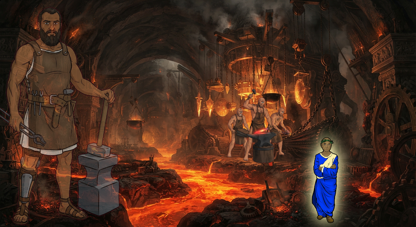 An illustration of a sprawling underground volcanic forge. On the left stands a muscular blacksmith with a beard, wearing a leather apron and holding tongs, standing next to an anvil and a large hammer. In the background, a team of three cyclops workers hammers glowing metal at an anvil amidst rivers of molten lava, hanging chains, and complex machinery. In the bottom right corner, a smaller figure in a vibrant blue tunic and a laurel wreath stands with arms crossed, glowing against the dark, fiery surroundings.