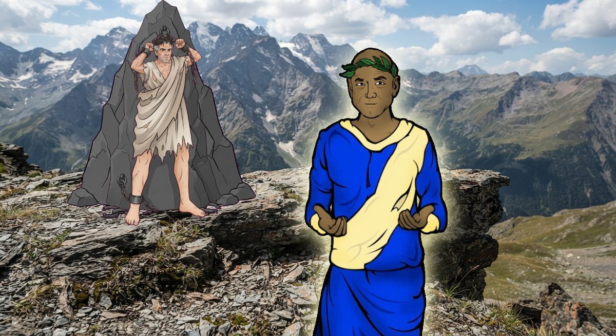 The same mountain ledge. At the left, Prometheus is chained to his rock again, arms raised against the chains. In the foreground, Quintus in a blue toga with a pale gold sash and a laurel wreath, glowing faintly, holds out both hands.