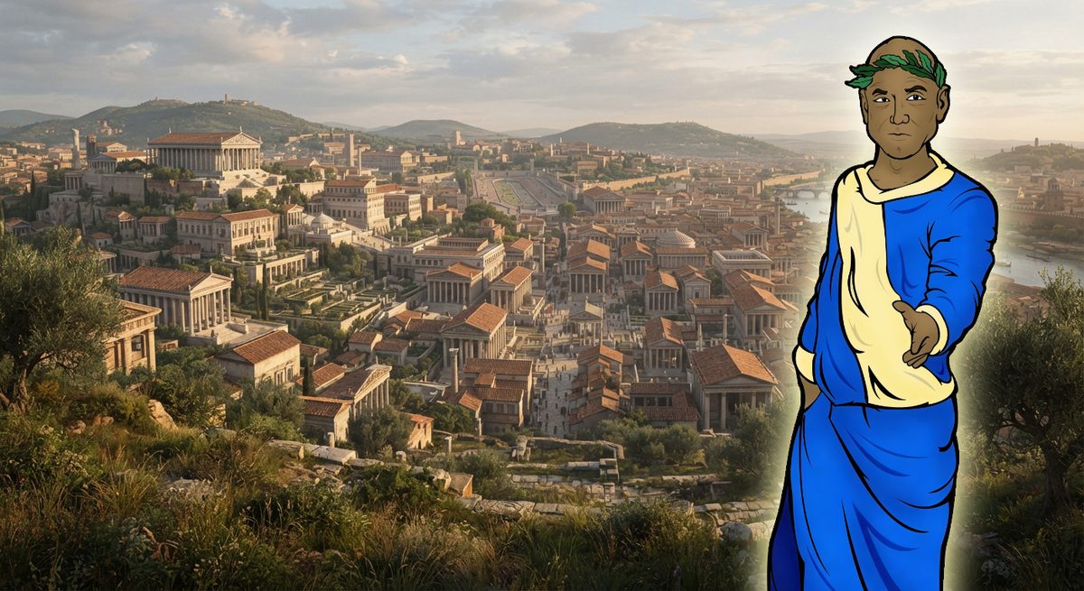 A hillside above ancient Rome in the late afternoon light, with temples, red-tiled roofs, a racetrack and a river spread out below. At the right, Quintus in a blue toga and a laurel wreath, glowing faintly, holds out one hand.